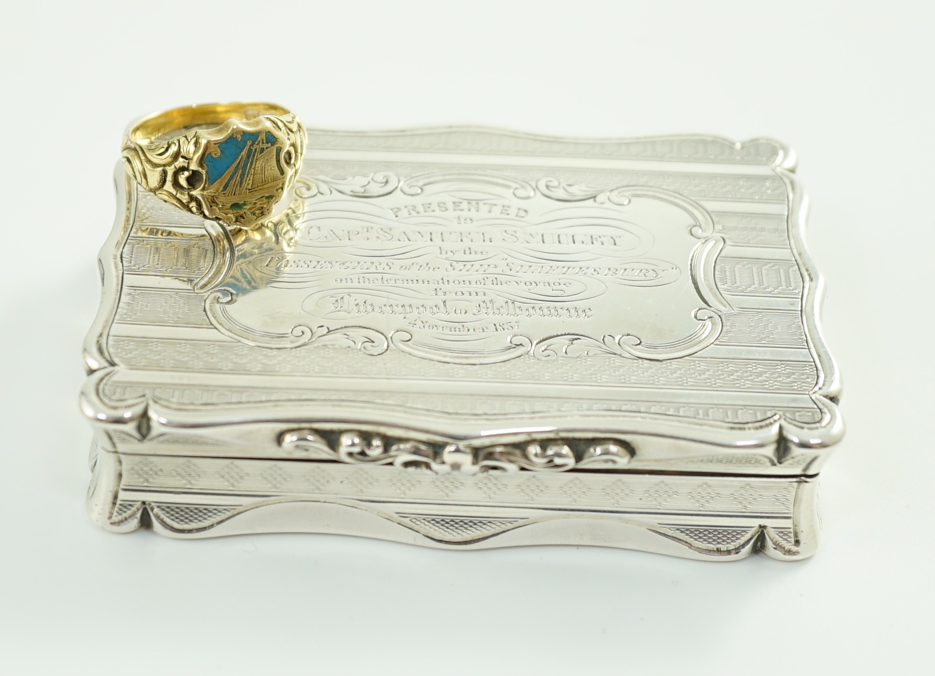 Australian naval interest - A Victorian engraved silver presentation snuff box, inscribed 'Presented to Capt. Samuel Smiley by the Passengers of the Ship Shaftesbury on the Termination of the Voyage from Liverpool to Mel